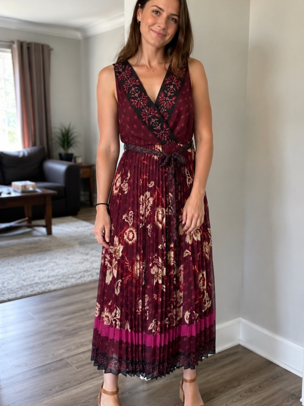 White House Black Market Black and Burgundy Boho Dress